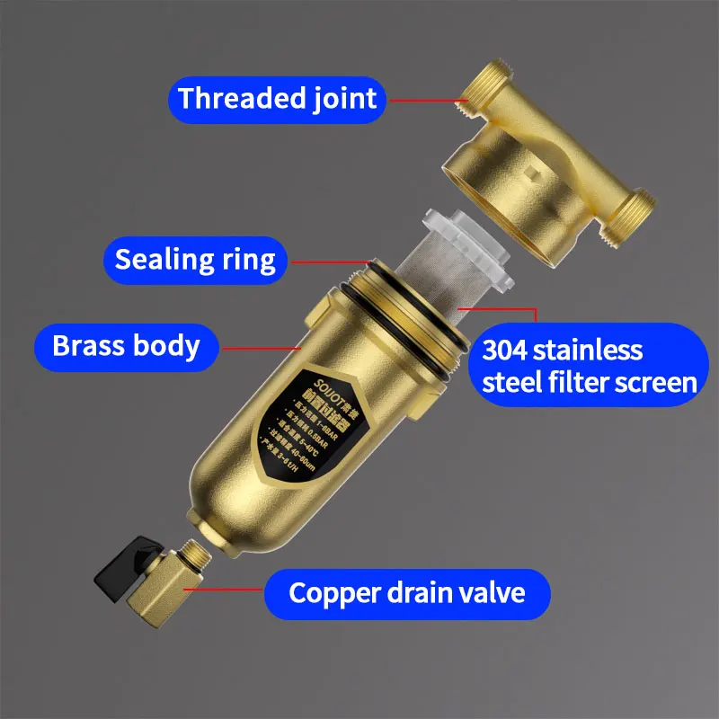 1/2’’~1’’ Full Copper Pre-Filter Hot Water Siphon Backwash Prefilter 40 Micron Stainless Steel Mesh Whole House Pre-filter
