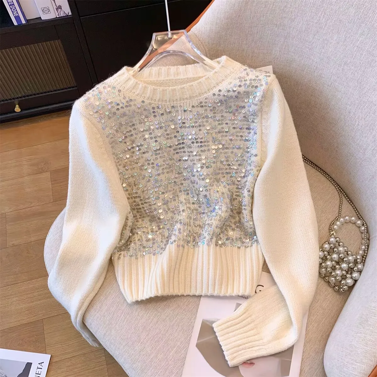 Women\'s Sequin Long Sleeve Sweater, O Neck, Short Pullover, Chic Casual, Knitted Vintage Jumpers, New Fashion, Autumn, Winter,