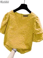 ZANZEA Women Summer Gingham Checked Blouses Casual Short Puff Sleeve O Neck Blusas Leisure Everyday Wear Commute Shirts Tops 4