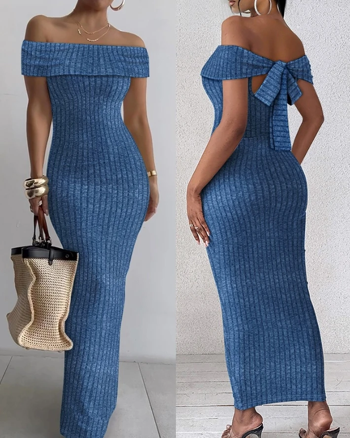 

Women's fashionable, elegant and sexy off shoulder lace up detail ribbed long skirt slim fit tight dress 2025 summer new item