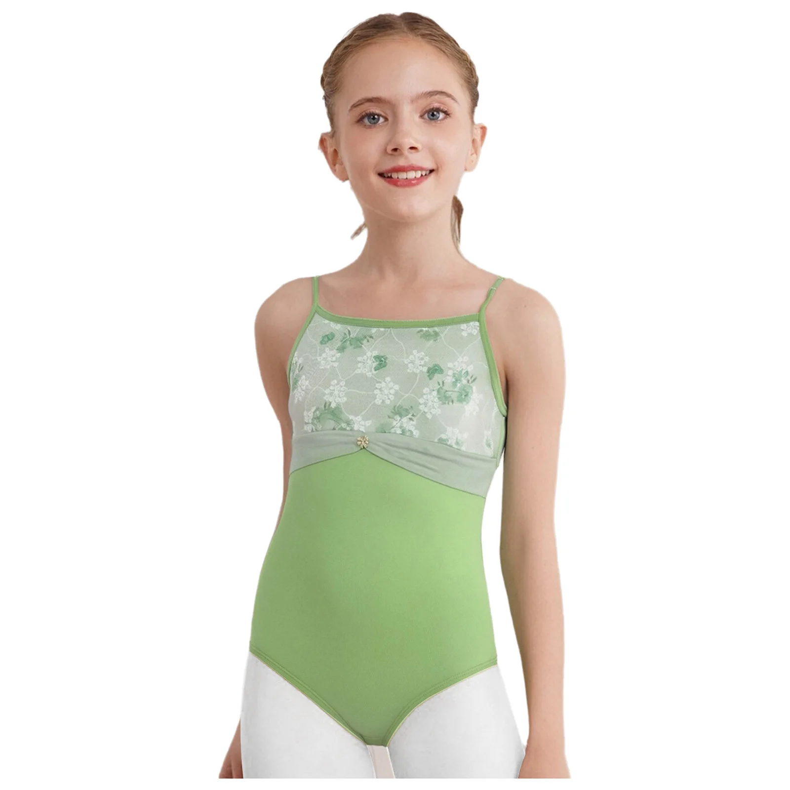 Traje de dança de balé infantil, sem mangas, alças espaguete ajustáveis, collant com saia de renda para palco, show de dança moderna