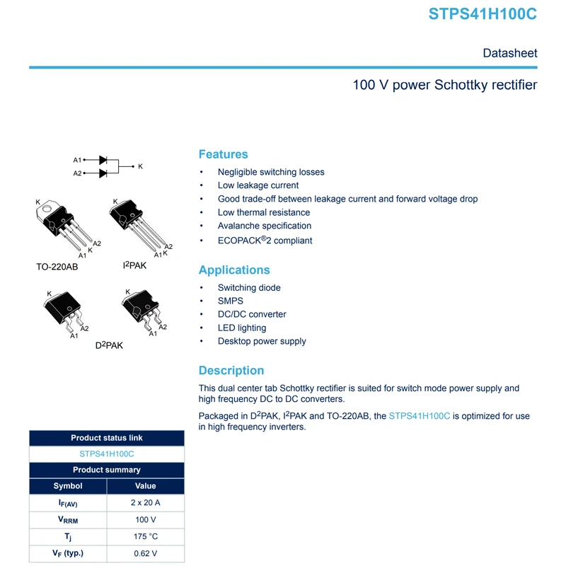 STPS41H100CG-TR D2PAK 2PCS STPS41H100CG TO-263 100V40A Power Schottky Rectifier Schottky Diode
