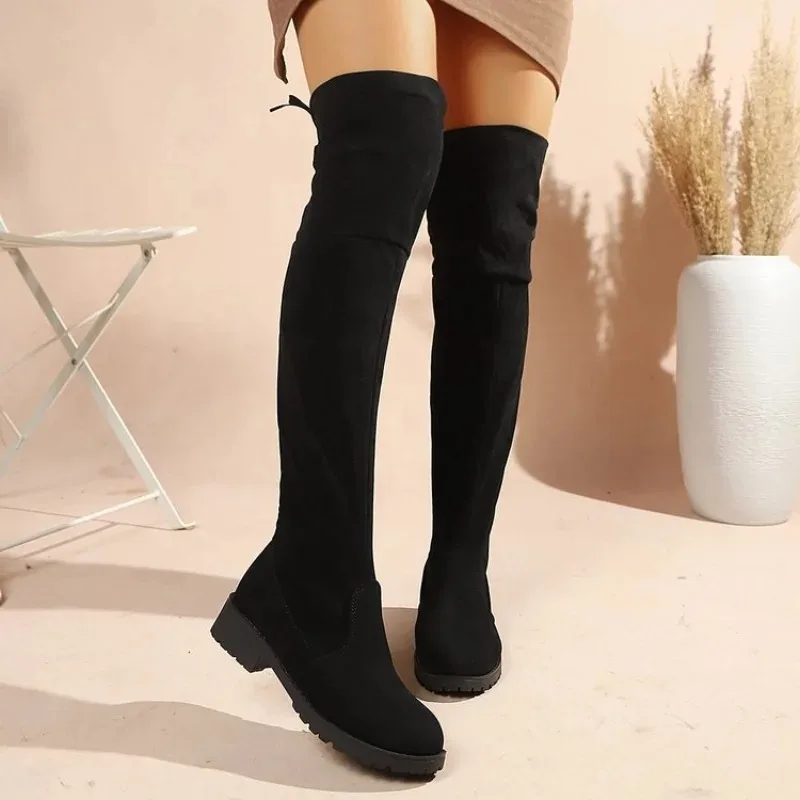 Women's Stretch Suede Over‑The‑Knee Long Boots,Back Bow Tie Straps Block Heel Anti‑Slip Platform Skin‑Fitting Boots For Women