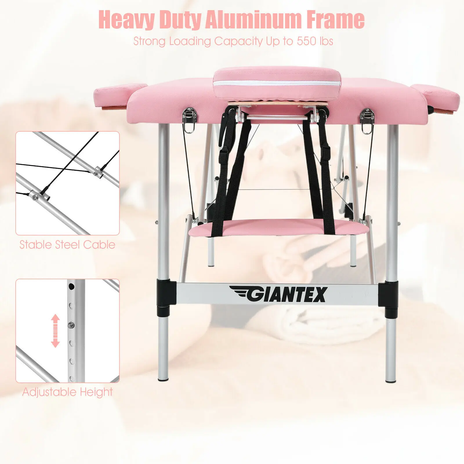 Giantex-Mesa de masaje portátil de 84 pulgadas, cama ajustable para SALÓN DE Spa con funda de transporte, color rosa