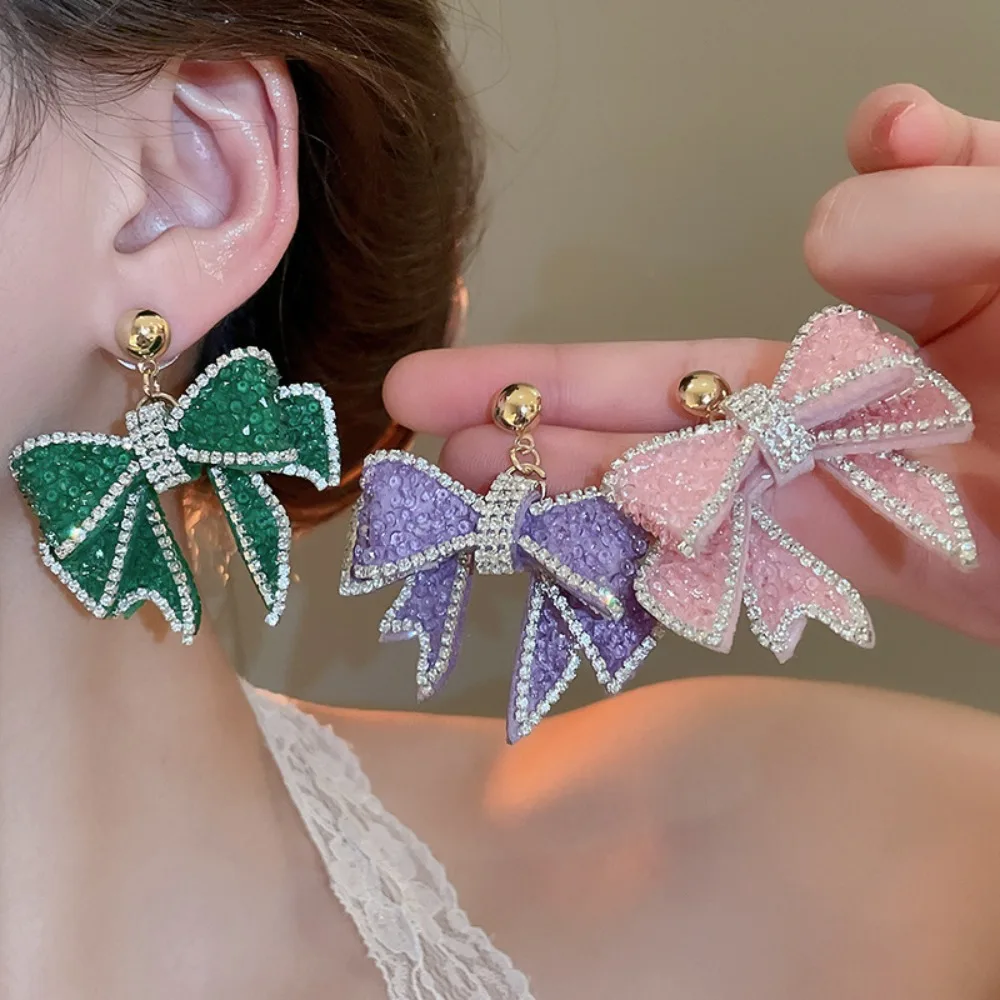 Pendientes con lazo de cristal de circón, joyería ligera de lujo para las orejas, pendientes dulces, accesorios de encanto, pendientes colgantes con lazo, regalos