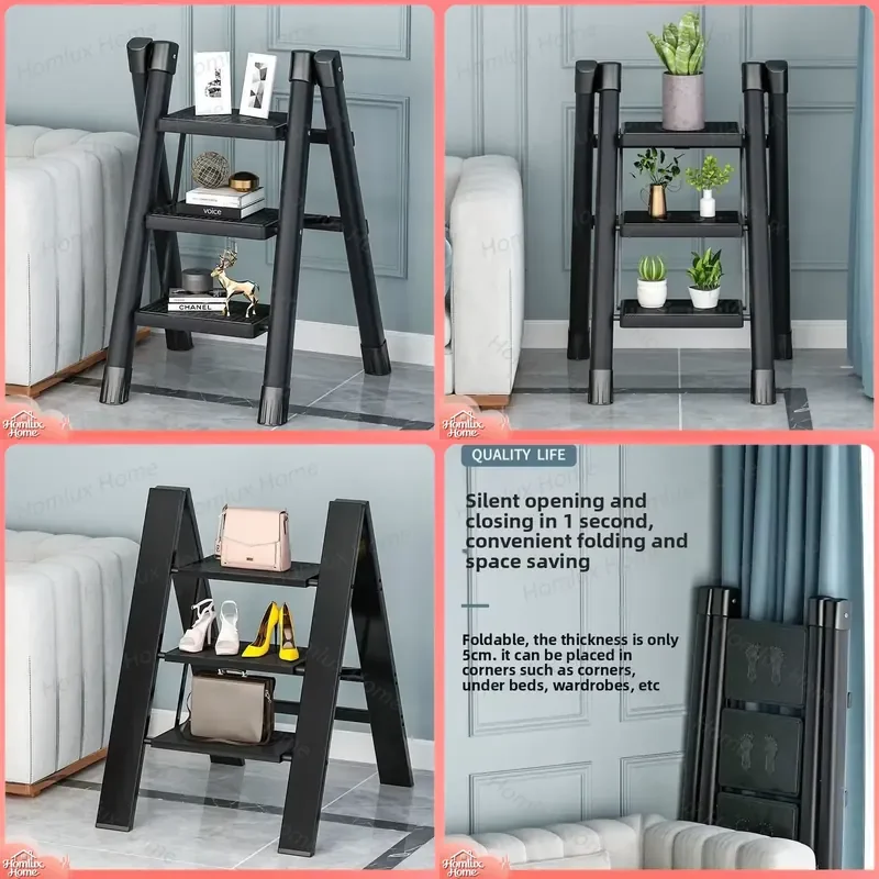 Folding Ladder Stool for Home Use Multi-Step Metal Step Stool Space Saving Adjustable Height Footrest for Kitchen Bedroom