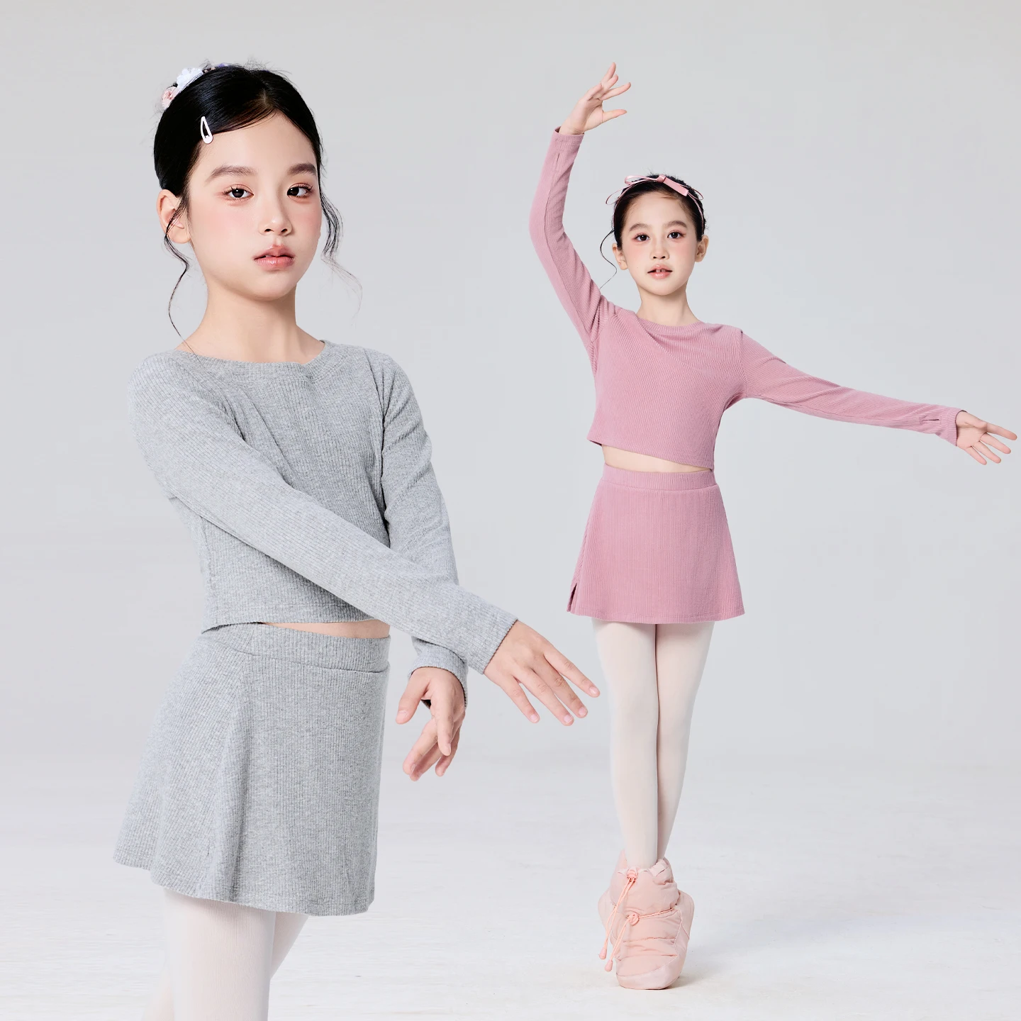 Girls Solid Color Dance Suit Children Long Sleeves Knit Pullovers with Skorts Kids O-neck Ballet Wear Sports Training Casual Set