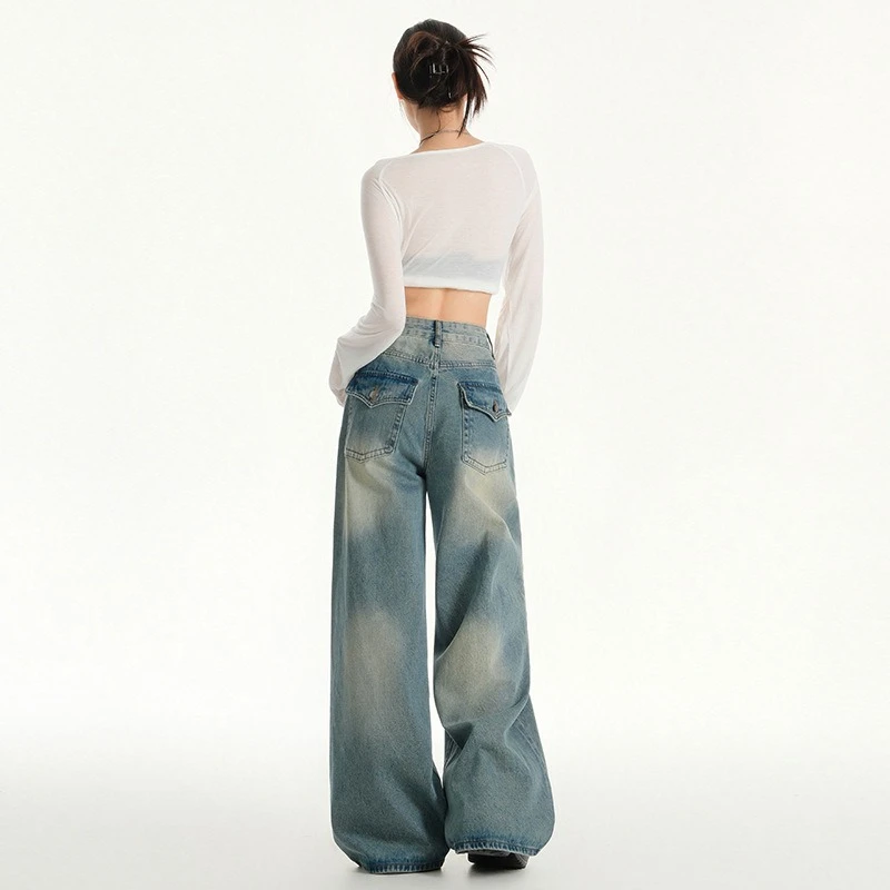Damen-Hose im Taschen-Design, Retro-Waschung, Distressed, hohe Taille, schlankmachende, weit geschnittene, locker sitzende Denim-Hose in voller Länge