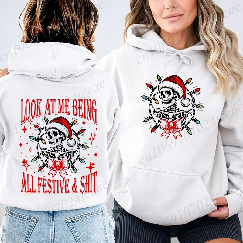 Women Christmas Hoodies Spooky Xmas Sweatshirts Skeleton Santa Graphic Hooded Hoodies Funny Sarcastic Holiday Outfit Party Gifts