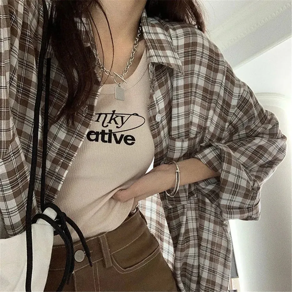 Plaid Shirts Women Long Sleeve Cardigan Vintage Top Black Checked Shirt Cute Button Up Oversize 2022 Korean Loose Fashion Blouse