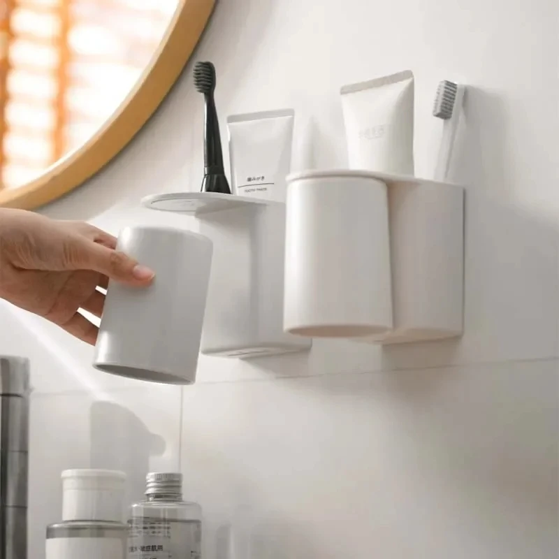 Non-Perforated Toothbrush Holder, Wall Mounted, Plastic Mouthwash Cup, Toothpaste, Toothbrush Set, Bathroom Storage Rack