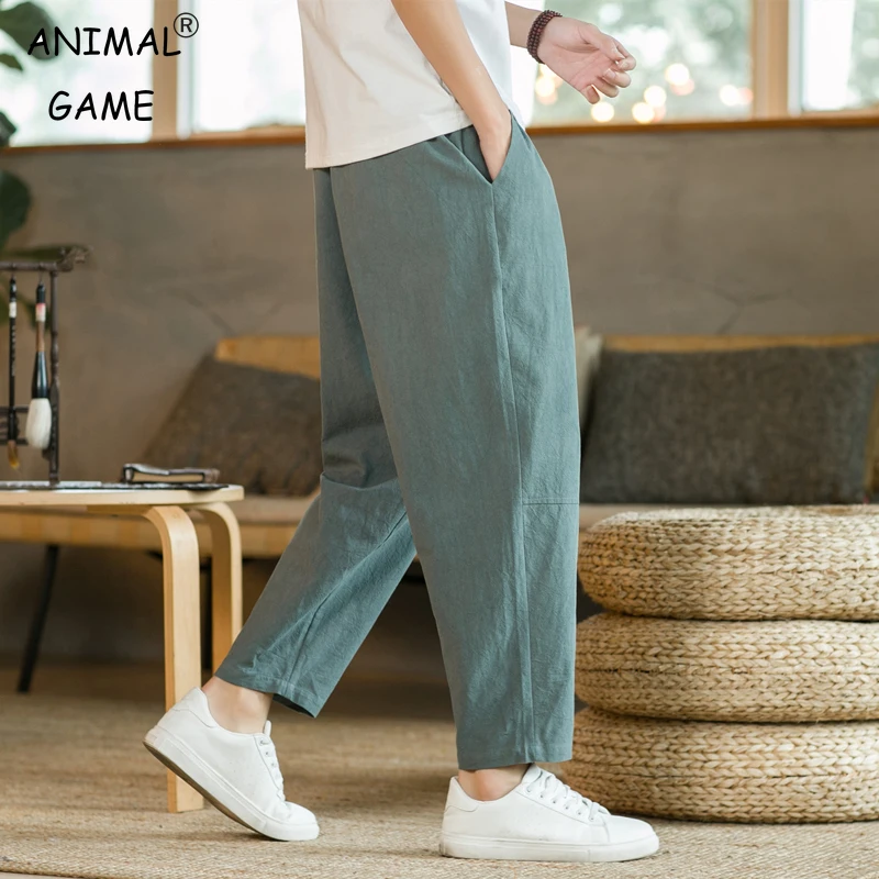 

Men's Trousers Cotton Linen Fashion Casual Pants Solid Color Breathable Loose Shorts Straight Drawstring Pants Streetwear Men