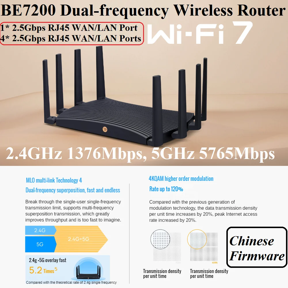 5*2.5G RJ45 WAN/LAN Ports, BE7200 7200Mbps WiFi7 Wireless Mesh Router Dual-Frequency Wi-Fi 7 IEEE802.11be, 2.4G 1376M, 5G 5765M