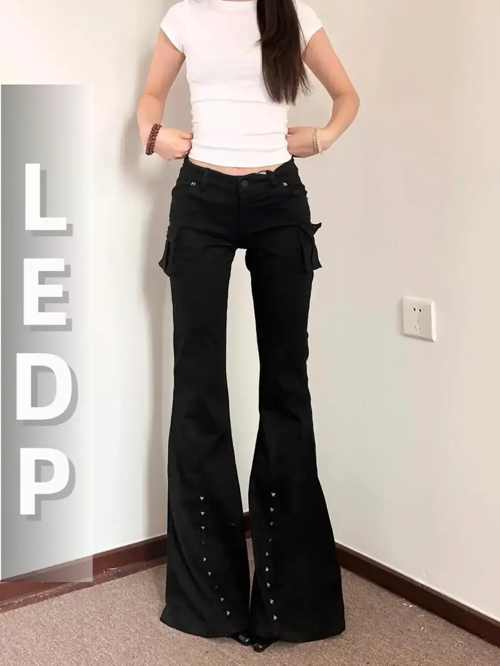 IUM Women Dark Academia Goblin Core Long Trousers Gyaru Goth Low Rise Flare Pants Y2K Streetwear Stretch Japanese Harajuku Grung