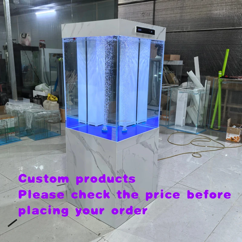 custom.Large Vertical White Aquarium 60x60x160cm Complete Set with Bottom Filtration, Stone and Stainless Steel Cabinet