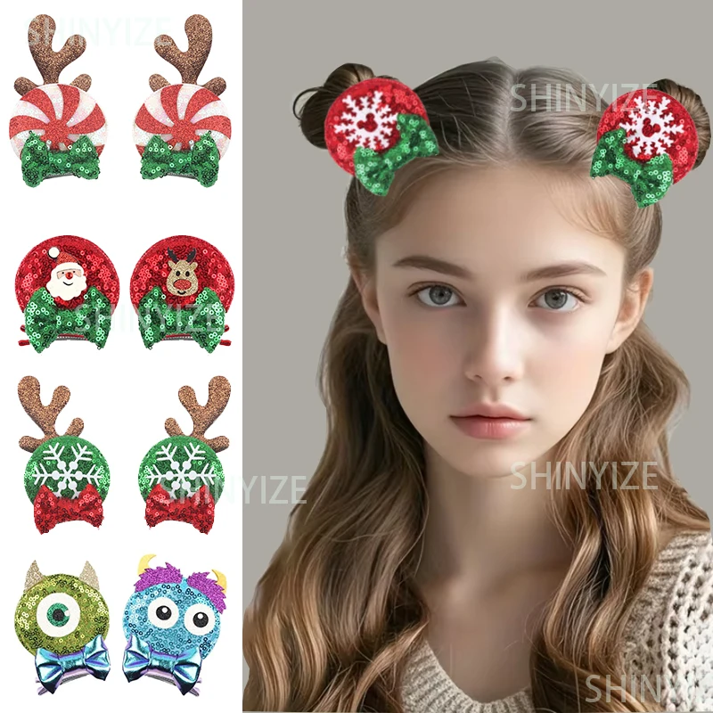 

New Christmas 2.8'' Mouse Ears Disney Sequins Bow Clips Glitter Hairpins Girls Festival Cute Mice Barrette Hair Accessories Gift