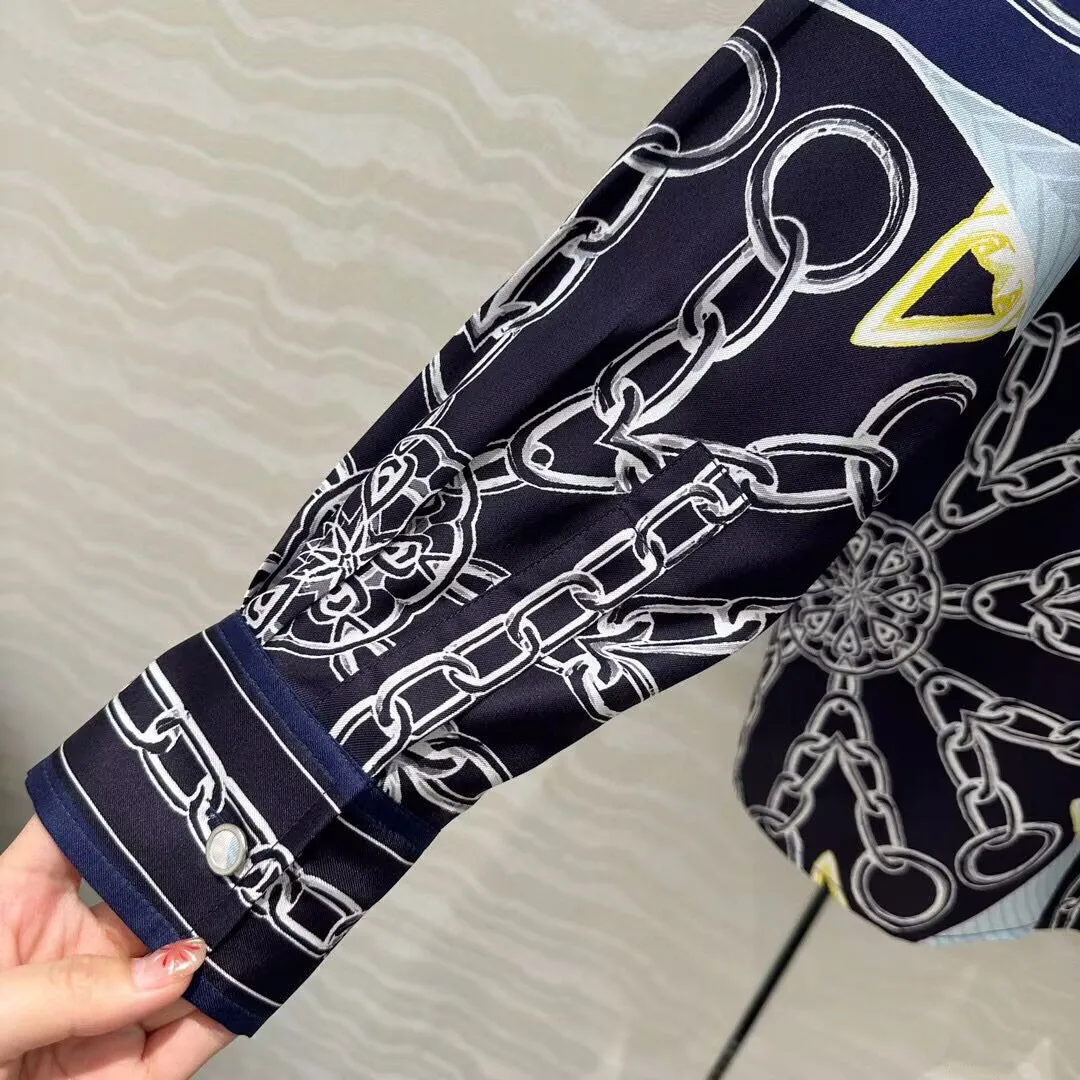 2025 nouveau printemps rétro 100% chemise en soie décontracté hauts femmes revers à manches longues simple boutonnage chaînes imprimer Vintage Blouses amples