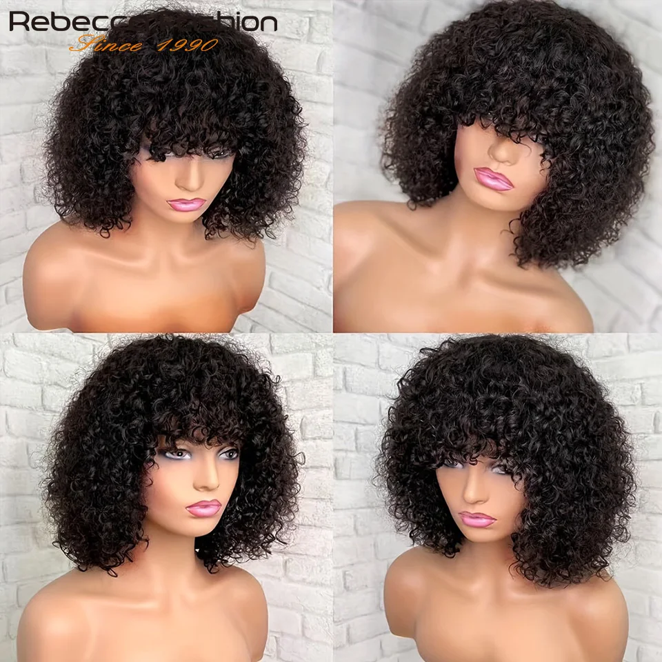 Short Pixie Bob Cut Human Hair Wigs With Bangs Jerry Curly Wig Highlight Water Wave Blonde Colored Wigs For Women Easy Wear