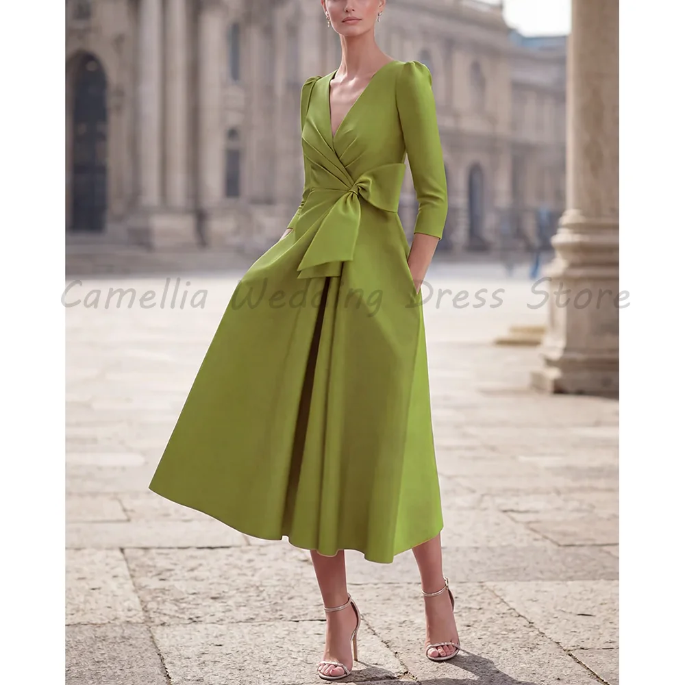 

V Neck 3/4 Sleeve Green Satin Tea Length Evening Gown With Bow Waist And Pockets Mother Of The Bride Dress