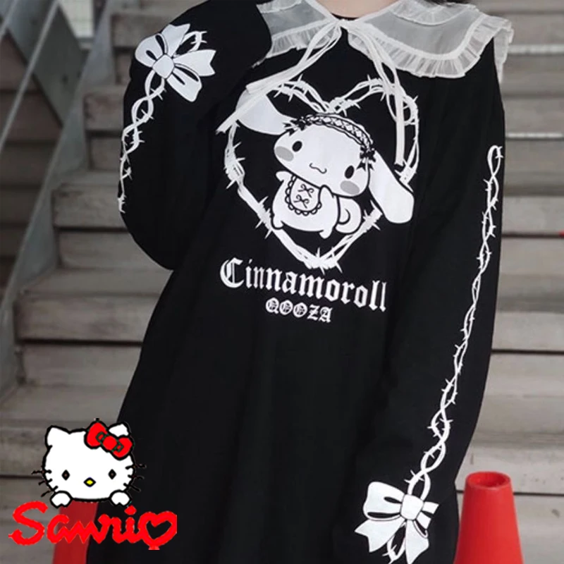 Damska koszulka z długim rękawem Sanrio Cinnamoroll, bawełniana bluzka z nadrukiem kokardki, jesienno-zimowa, modna, ciepła, luźna, z długimi rękawami.