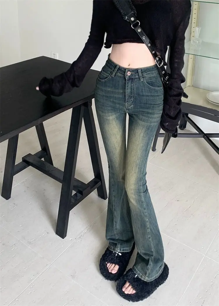 

American Retro Blue Flared Jeans Fashion Casual Slim Denim Long Pants Y2K 2000s Straight Cut Women's Pants 2025 Korean Clothing