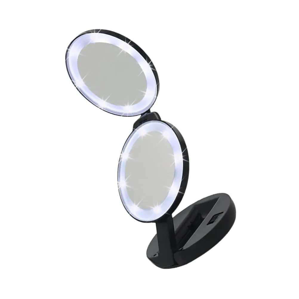 1Pcs Folding Makeup Mirror Black Compact Double-Sided LED Magnifying Pocket Travel Mini Foldable Mirror