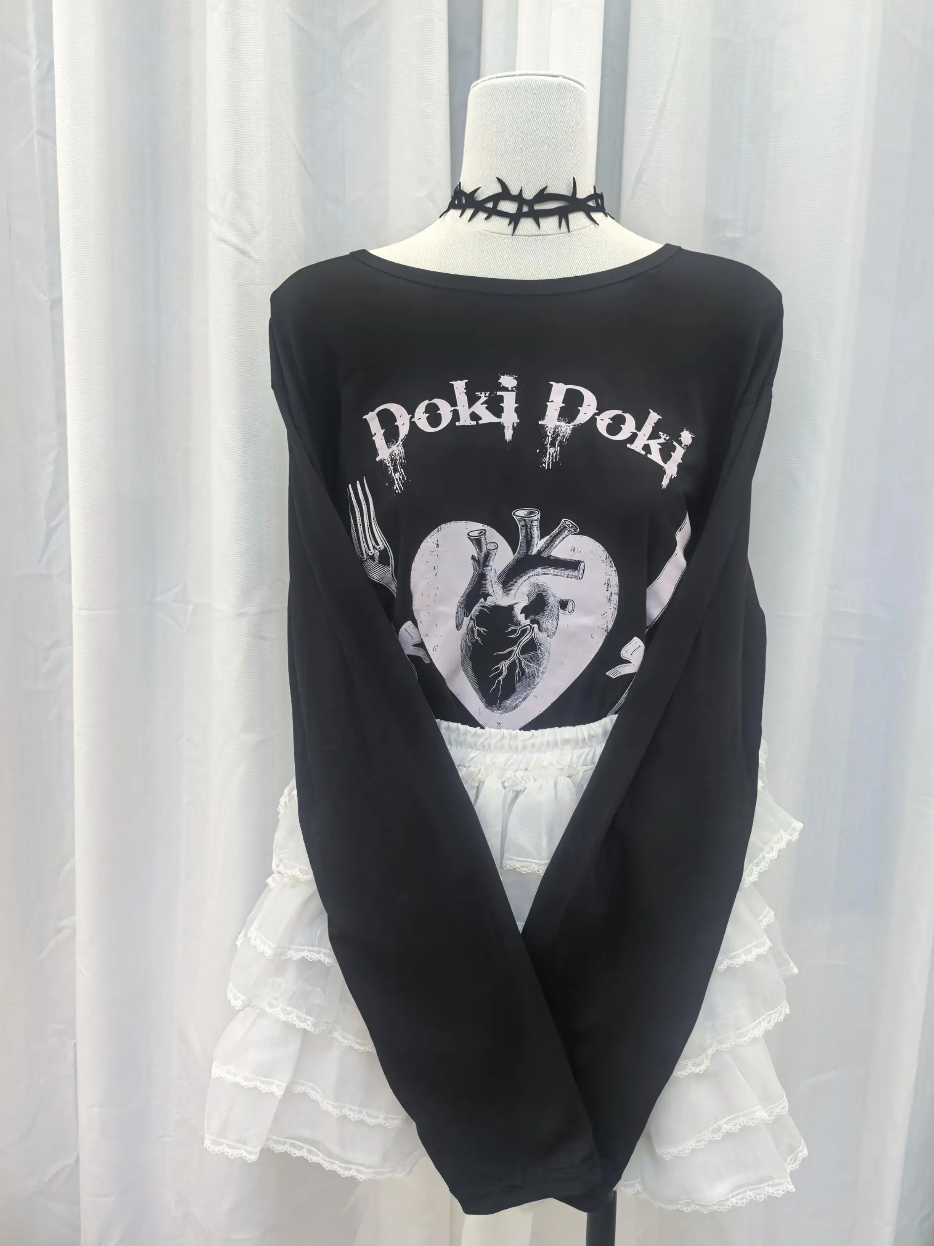 

Japanese Mine Series Crew Neck Long-sleeve Top Y2k Medical Department Angel Black and White Tshirt New Autumn Winter Clothes