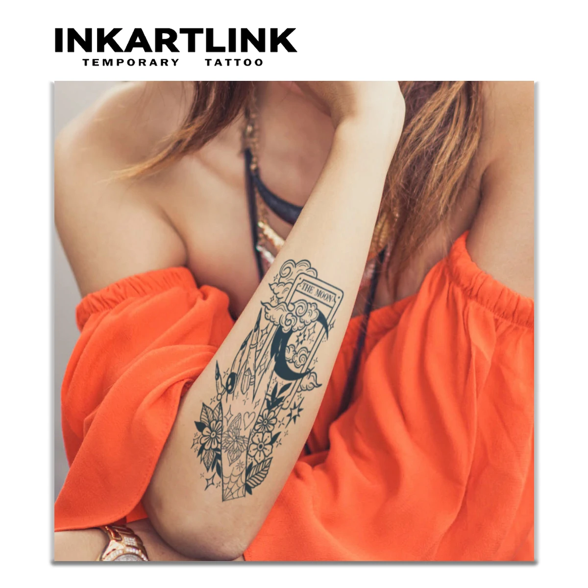 INKARTLINK Celestial Moon Tarot Waterproof Temp Tattoo Sticker for Music Festivals, Spiritual Gifts & Daily Look.