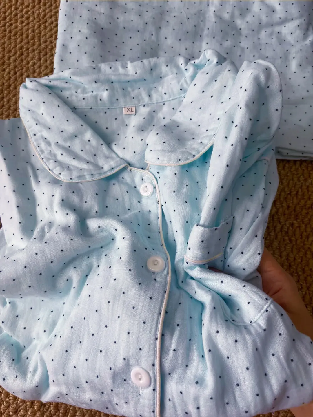 Spring Autumn New Blue Polka Dot Cute Pajamas Women's Long Sleeved Top Long Pants Home Clothes Korean Version Two Piece Set