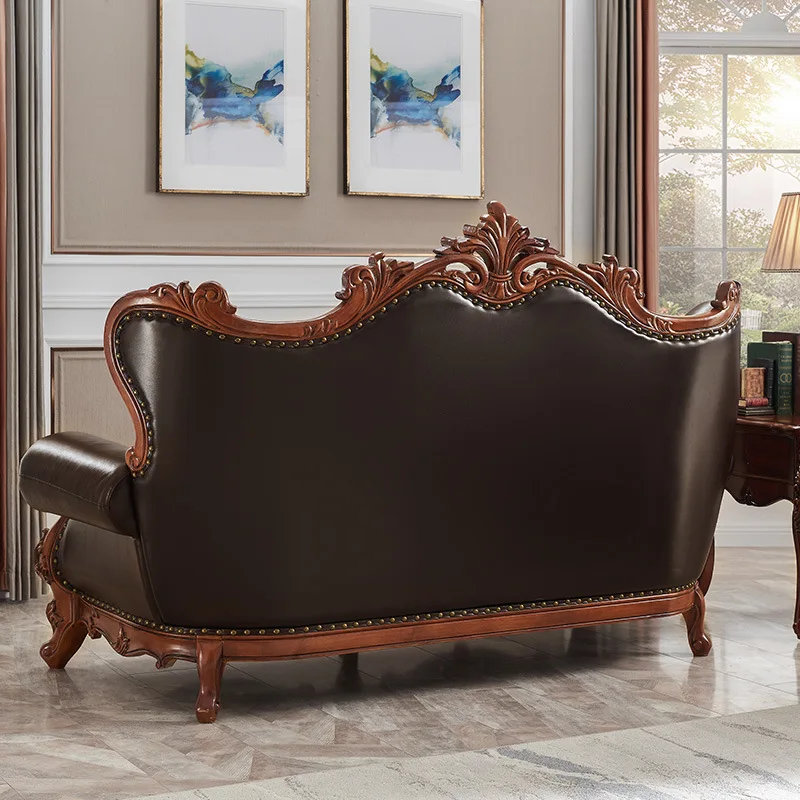 solid wood double-sided carved  leather sofa modular villa furniture