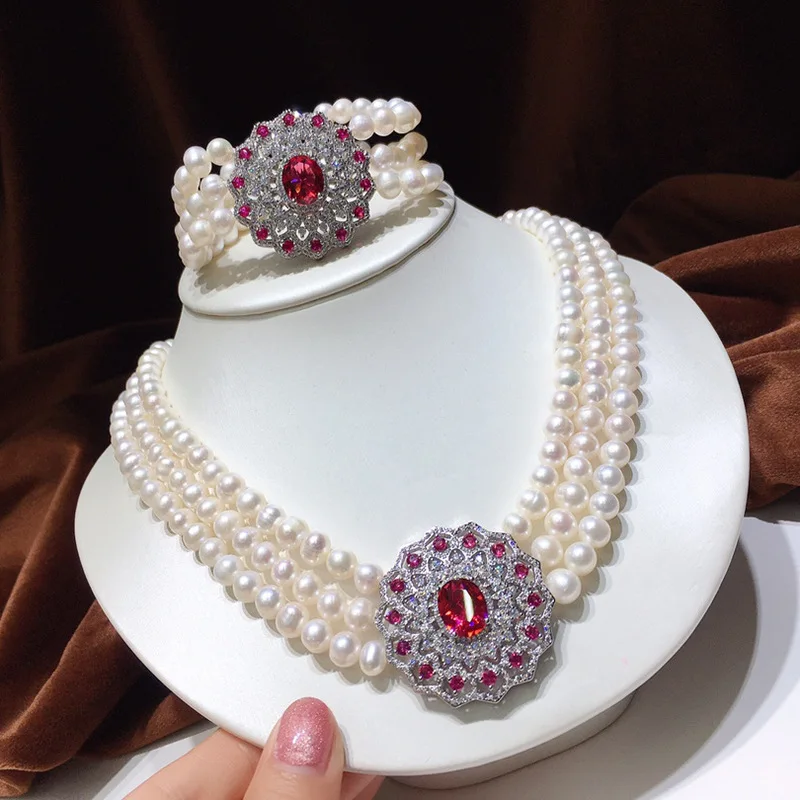 

Комплект ожерелья из натурального пресноводного жемчуга 7-8 мм, почти круглый, сильный, с микро-вспышкой, трехслойный цветочный стиль, сложенный элегантный драгоценный камень