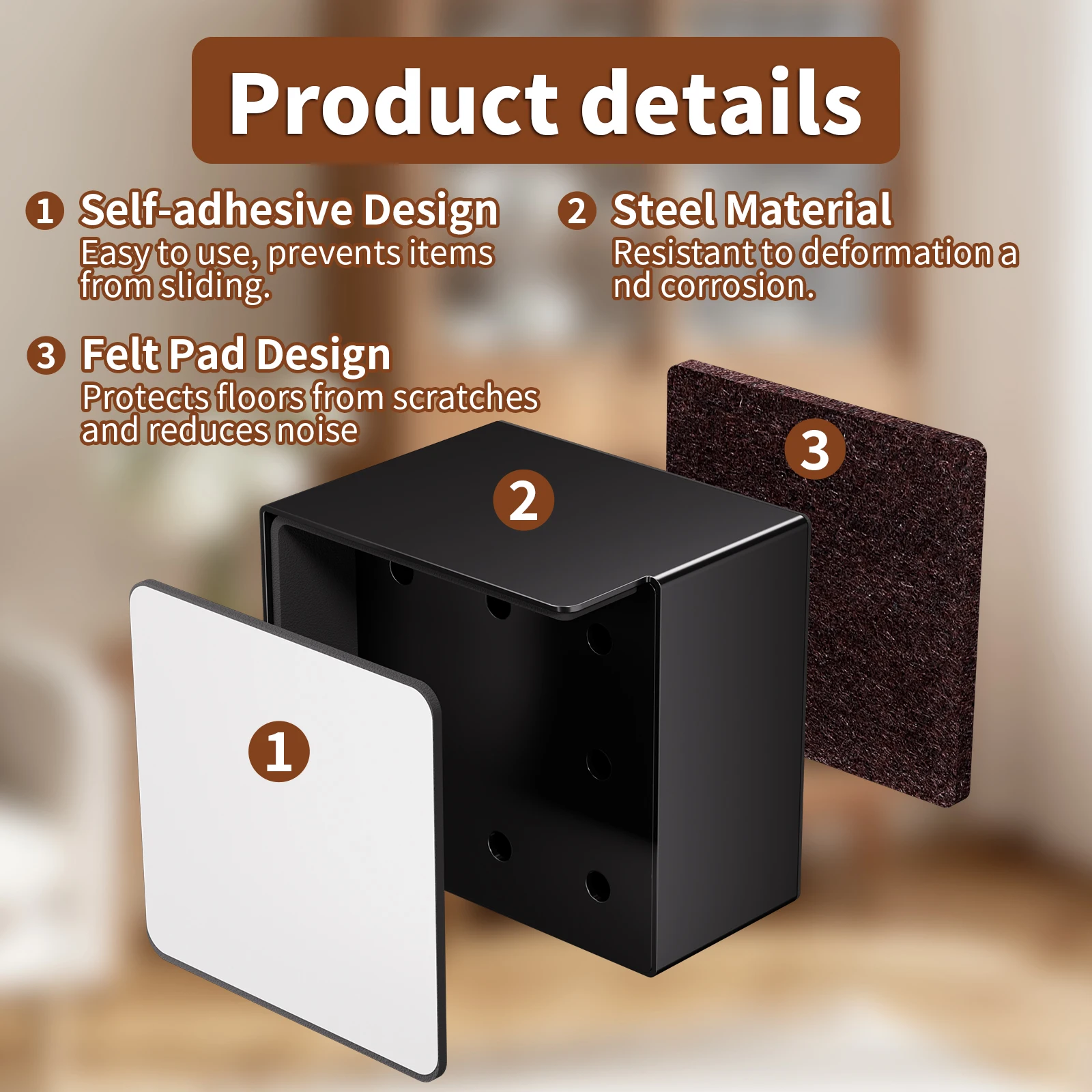 4PCS Bed Furniture Risers Anti Slip Desk Lifts Leg Extenders with Felt Pad Supports Up to 6000lbs Furniture Feet Accessories