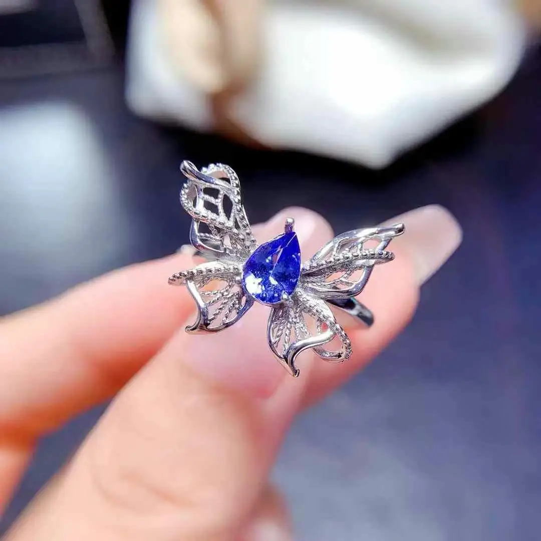 Butterfly Style 100% Natural and RealTanzanite ring Free shipping 925 sterling silver Fine jewelry ring