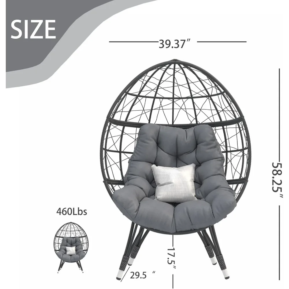 كرسي بيضة من الخيزران كبير الحجم، كرسي صالة سلة بيض داخلي خارجي مع وسادة كبيرة لغرفة المعيشة في الفناء الخلفي والحديقة (رمادي)