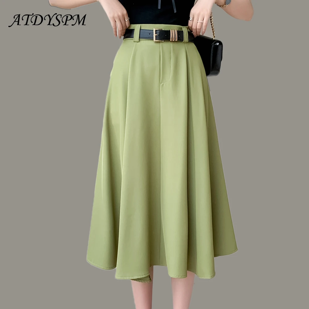 

Elegant Stitching High Waist A-Line Skirts For Women Loose Pleated Skirt With Belt Female Casual Midi Skirt 2024 Spring Summer