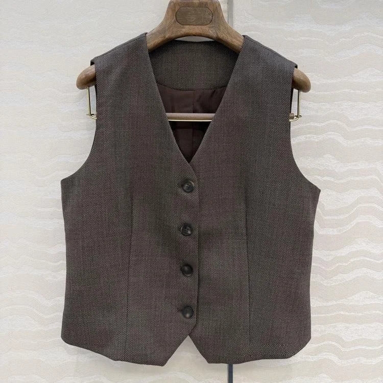 V-Neck Sleeveless Waist-Cinched Vintage Style Versatile Early Spring Cardigan Women's Vest Fashionable Inner Wear Casual Outfit