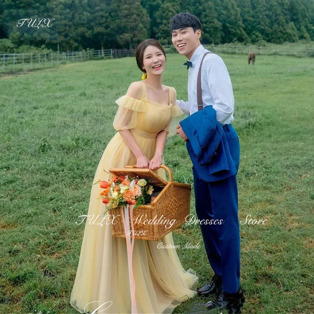 

TULX Korean Garden Shoot Regular Strap Formal Prom Dress A-Line Yellow Tulle Occasion Party Gown Corset Back 웨딩드레스 Custom Made