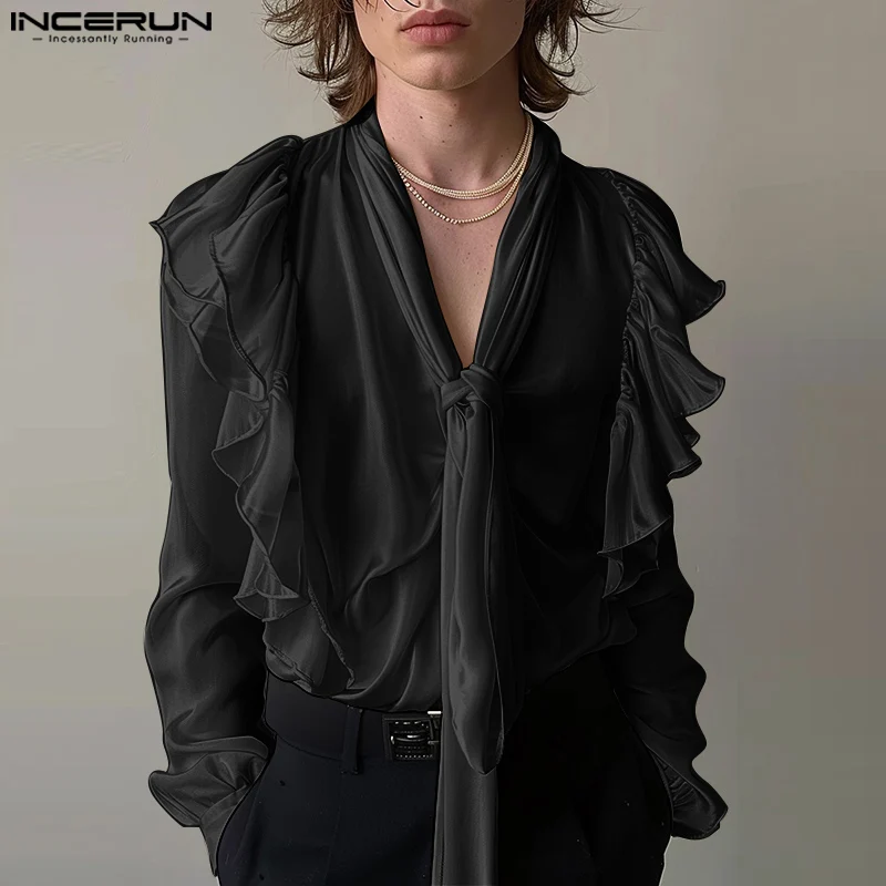 INCERUN Men Shirt Solid Color Ruffle V Neck Lace Up Long Sleeve Men Clothing Streetwear 2024 Loose Fashion Party Casual Shirts