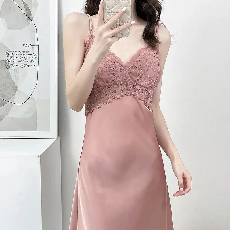 

Sexy Nightgown Summer Women Lace Hollow Out Nightdress New Sleepwear Rayon Bathrobe Home Dress Lounge Wear Clothing d'4o