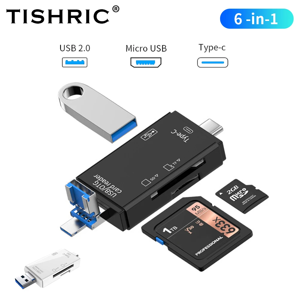 TISHRIC 6 In 1 Card Reader USB TYPE C To SD Micro SD TF Memory Card Adapter Smart Memory Card Reader SD Cardreader