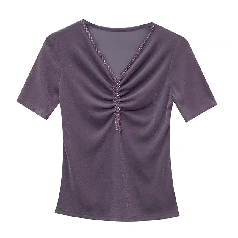 

Women Fashion Beading V-neck Short Sleeve T-shirts Girls High Stretchy Mesh Tops Shirt Temperament Summer New Tassels Tees ZT31