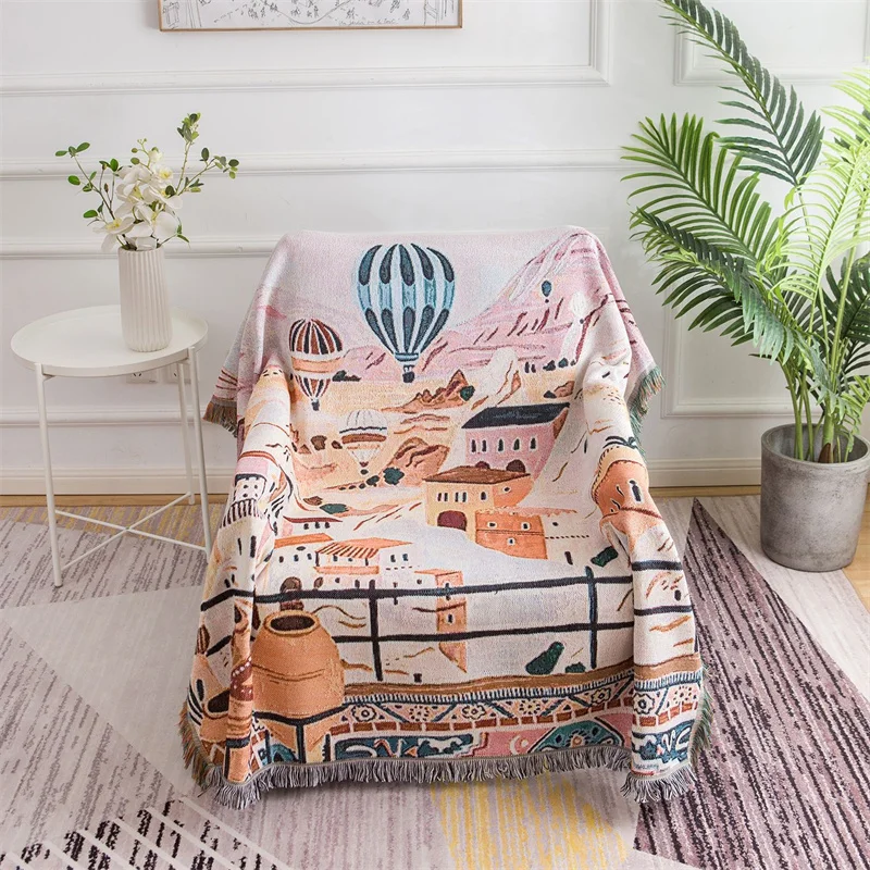 

180x130cm Nordic Hot Air Balloon Town Design Woven Fringed Throwing Blanket for Chair Home Decor Sofa Cloth Boho Blanket Throw