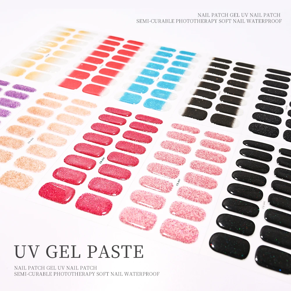 16Tips Strips Gel UV Nail Sticker Semi Cured Nail Wraps Patch Waterproof Glitter Nail Polish Full Cover Nail Decal UV Lamp Cured