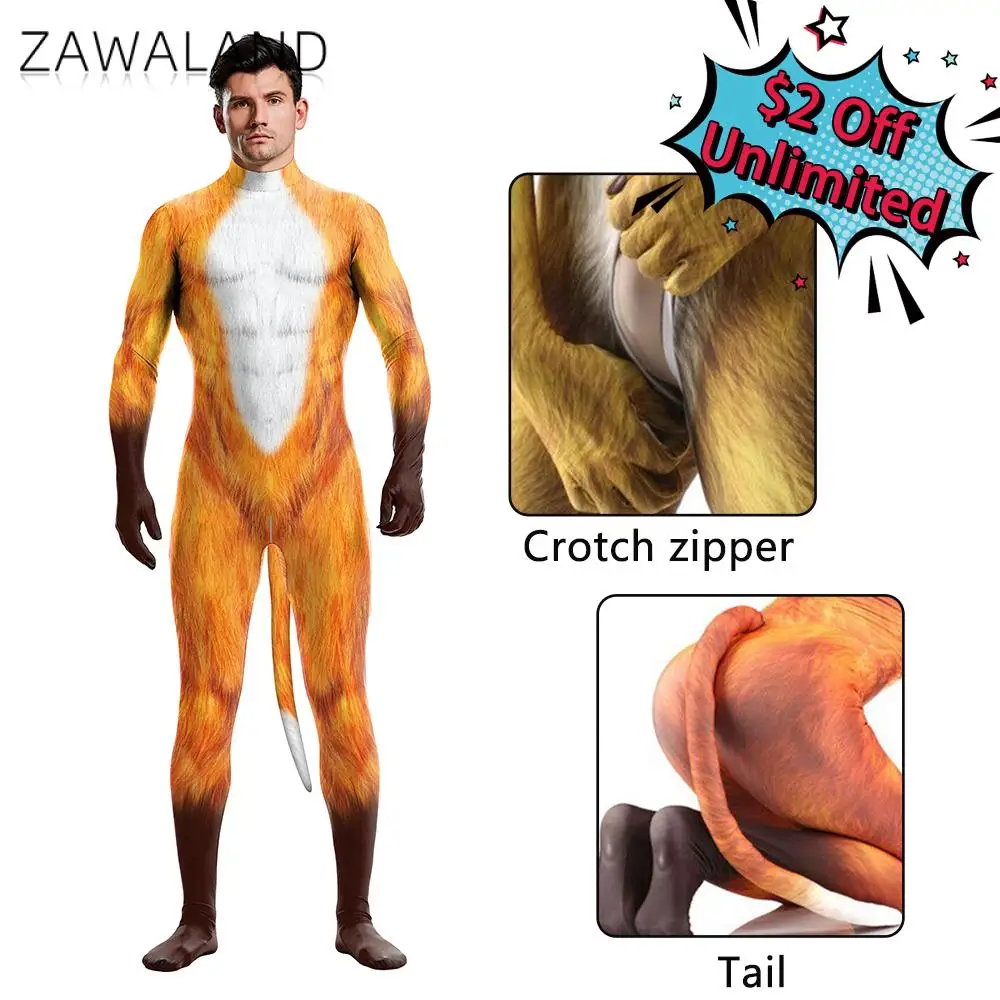 Zawaland Creative Cosplay Petsuit Fox Print Animal Costume Spandex Zentai con coda Stretch Full Cover body outfit