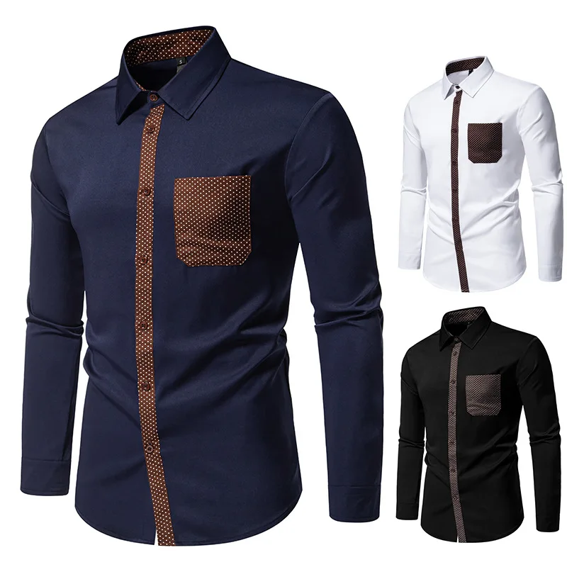 Spring and Autumn New Men's Triangular Neck Casual Contrasting Long Sleeve Shirt   Men Clothing Fashion Trend