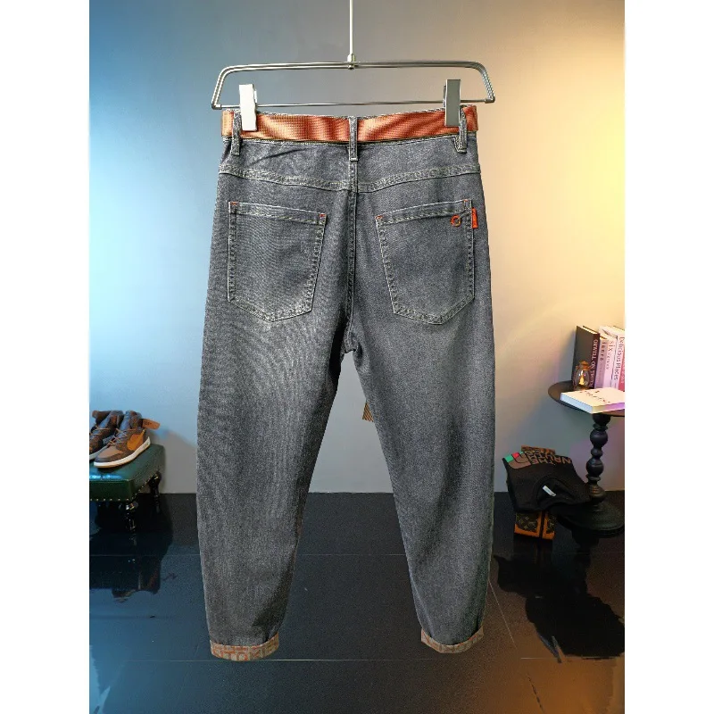Male Gray Jeans Fashion Street Free Belt All-Match Stretch Trousers Men's Fashion Wear Casual Handsome Pants for Men