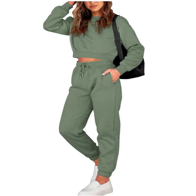 المرأة عادية قطعتين مجموعة طويلة الأكمام المحاصيل الأعلى البلوز الرباط السراويل بدلة عدو بدلة رياضية غير رسمية #1