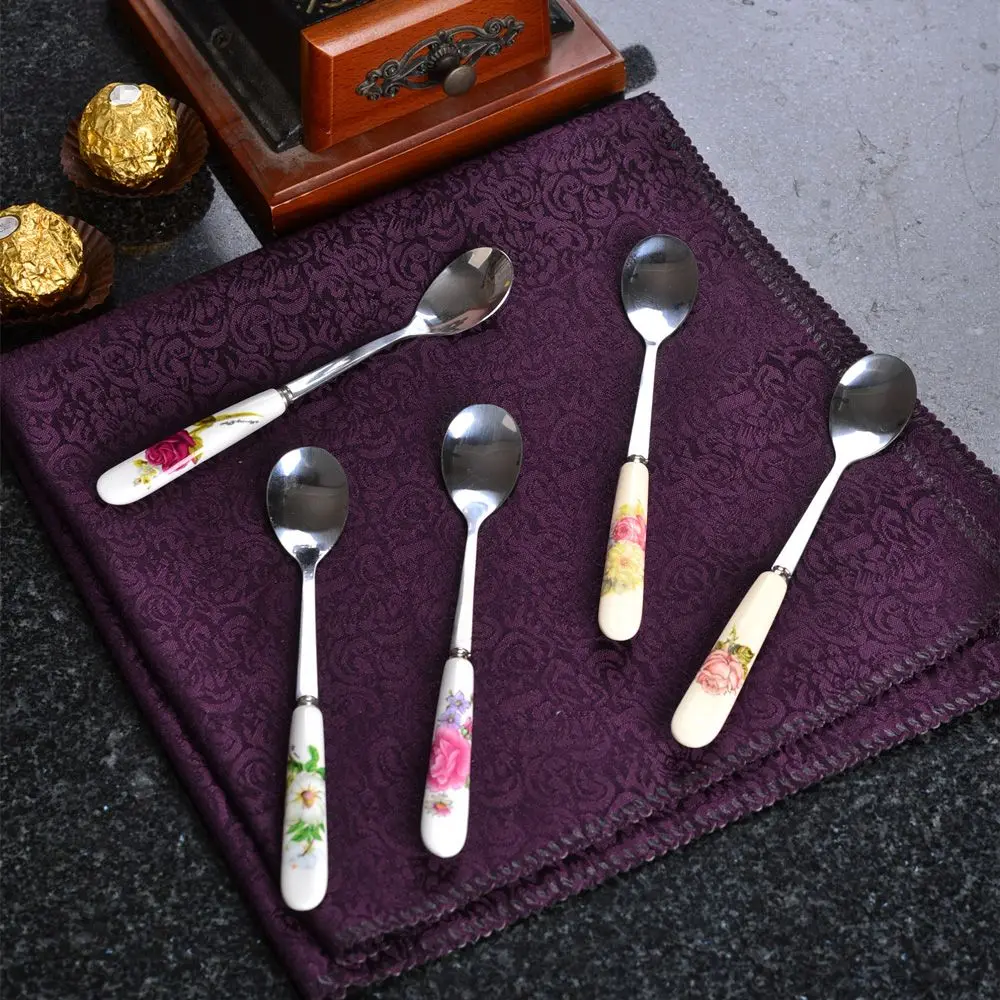 Long Handle Ceramics Spoon Ice Cream Dessert Teaspoon Rose Flowers Stainless Steel Mini Coffee Spoon Kitchen Tea Spoon