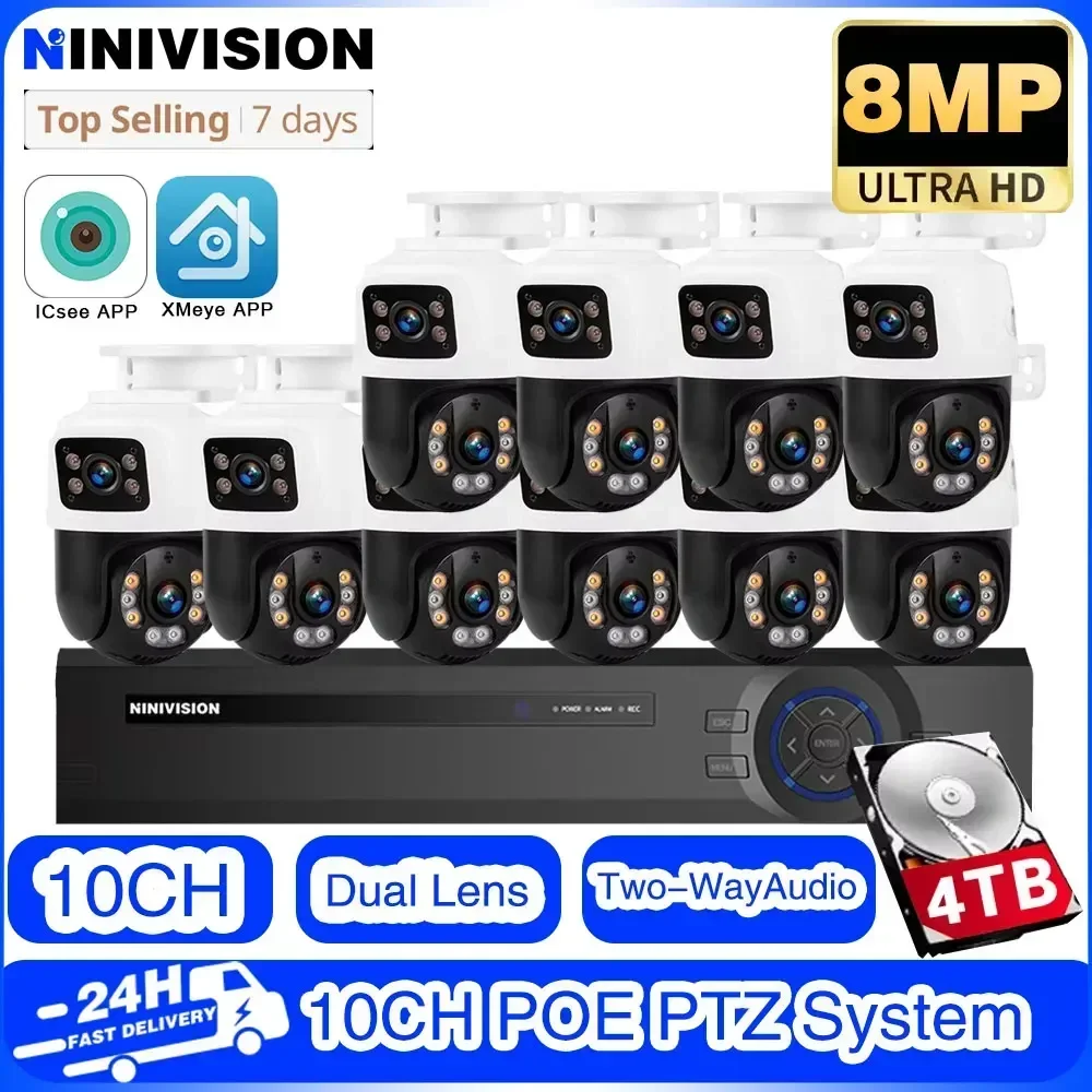 야외 방수 듀얼 렌즈 POE NVR 키트, POE PTZ IP 카메라 보안 시스템, 양방향 오디오, 4K CCTV 비디오 감시 키트, H.265 10CH