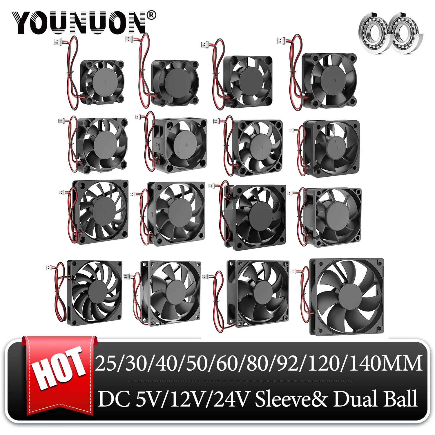 YOUNUON 선풍기 DC 브러시리스 냉각, DC 5V, 12V, 24V, 30mm, 40mm, 50mm, 60mm, 70mm, 80mm, 90mm, 120mm, 140mm 선풍기 PC 노트북 컴퓨터 케이스 선풍기 